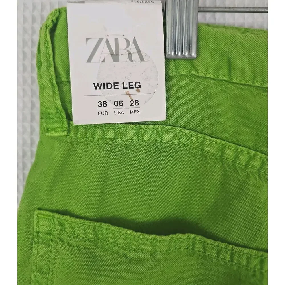 ZARA ~Woman Size 6(US)~ Apple Green Mid-Rise Linen Blend Wide Leg Pants NWT.